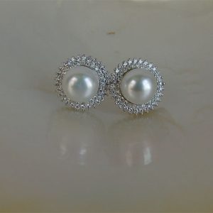 Aretes pegados perla 9mm doble halo de circonias dorados o plateados