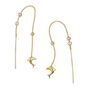 Aretes violadores tejido de bolita con dije de delfín 3 oros 14k