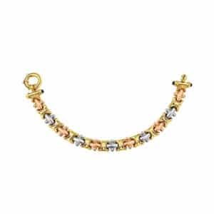 Pulsera tejido abrazos y ovalos 3 oros 10k