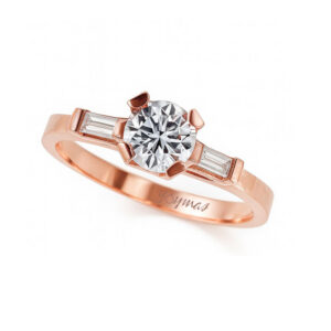 Anillo de compromiso con circonias Baguette y circonia oro rosado 10k