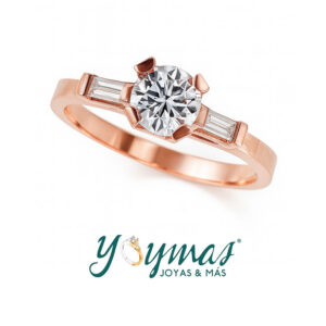 Anillo de compromiso con circonias Baguette y circonia oro rosado 10k