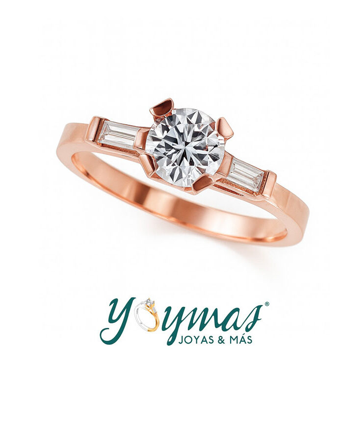 Anillo de compromiso con circonias Baguette y circonia oro rosado 10k