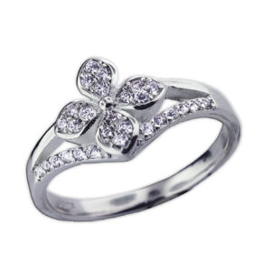 Anillo en forma de V y flor con circonias plata