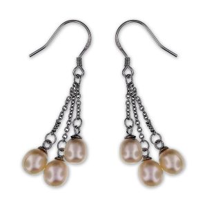 Aretes colgantes ramillete 3 perlas con cadenita plata