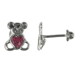 Aretes oso con circonia en bisel de corazon 3mm plata