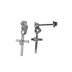 Aretes semi colgantes de cruz y circonias en el pin plata