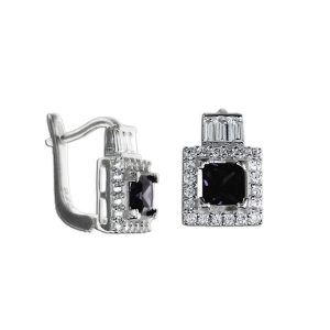 Aretes semi colgantes circonia cuadrada y halo de circonias y 3 baguette plata