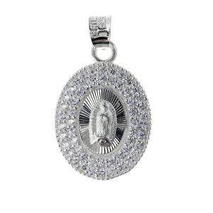 Dije ovalada Virgen Guadalupe diamantada doble halo de circonias plata
