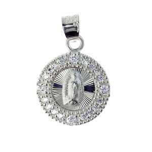 Dije redondo Virgen de Guadalupe diamantada y halo de circonias plata