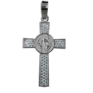 Dije cruz medalla San Benito al centro con circonias plata