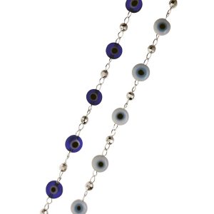Pulsera eslabonada dijes ojos turcos y bolitas diamantadas plata