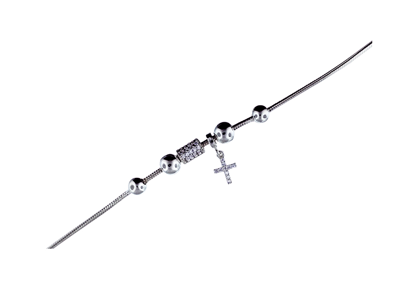 Pulsera tipo pandora cola de raton bolitas y cruz con circonias plata