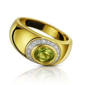 Anillo con Peridot ovalada y halo de 11 Diamantes 1.12mm (101pts) Oro 14K