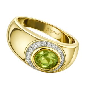 Anillo con Peridot ovalada y halo 11 Diamantes Oro 14K