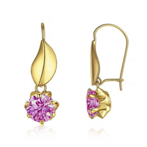 Aretes semi colgates con circonia montura de flor y una hoja calada al frente superior Oro 10K