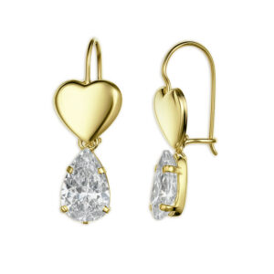 Aretes semi colgantes con circonia de gota y corazón calado al frente superior Oro 10K