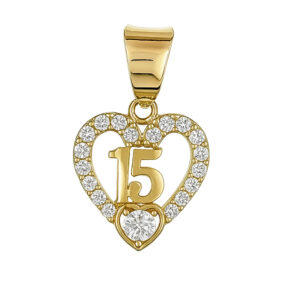 Dije de corazón con circonias y número 15 en el centro oro 10k