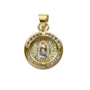 Dije medalla Virgen Guadalupe al centro 3 oros diamantado halo de circonias en canal Oro 10K