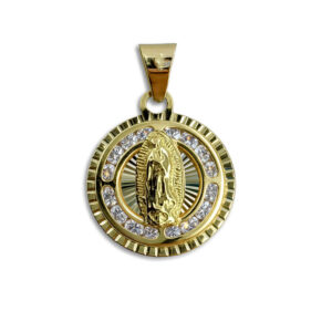 Dije medalla diamantada Virgen Guadalupe alto relieve halo de circonias en canal Oro 10K