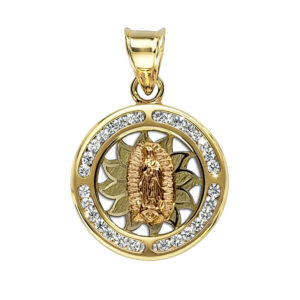Dije medalla Virgen Guadalupe al centro OR diamantado forma flor halo de circonias en canal Oro 10K
