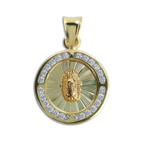 Dije medalla Virgen Guadalupe centro OR diamantado fondo halo de circonias en canal Oro 10K