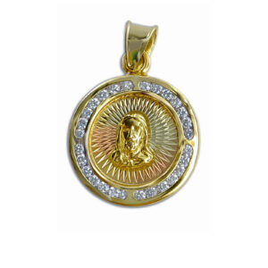 Dije medalla rostro sagrado corazón Jesús fondo diamantado 3 oros halo de circonias en canal Oro 10K