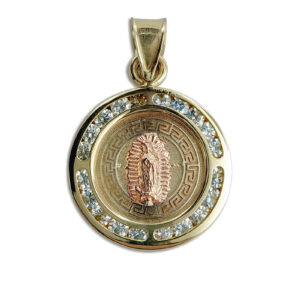 Dije medalla Virgen Guadalupe centro OR griego de fondo halo de circonias en canal Oro 10K