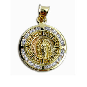 Dije medalla Virgen Guadalupe al centro 3 oros griego alto relieve halo de circonias en canal 10K