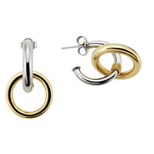 Aretes semi argolla plateada con aro entrelazado colgante dorado plata