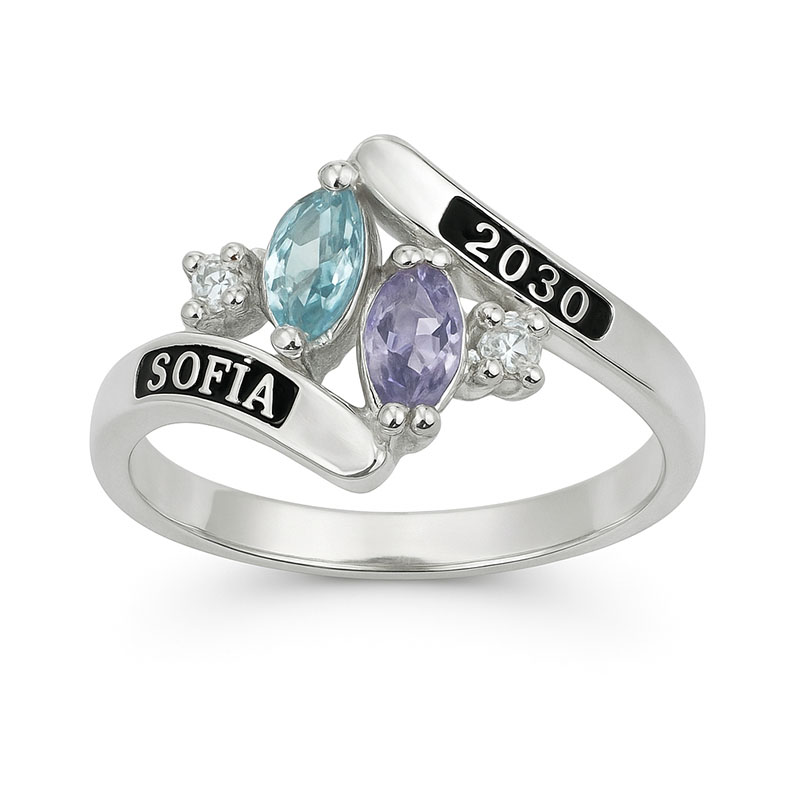 Anillo graduación Lumina 2 circonias marquezas y 2 circonias a cada lado plata