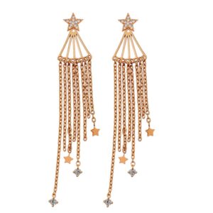 Aretes colgantes forma abanico cadenitas eslabonadas estrellas y circonias plata rosada