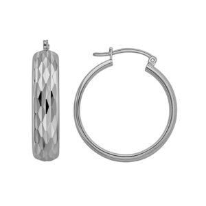 Aretes de argollas fancy diamantado en rombo al frente 26.5mm ancho 6mm plata