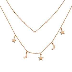 Gargantilla doble eslabonada dijes de luna y estrellas lisas plata rosada