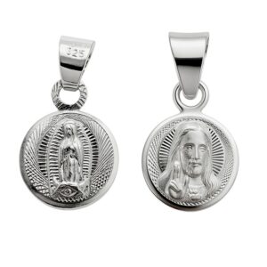Medalla de escapulario rostro de cristo y virgen de guadalupe diamantada plata
