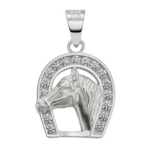 Dije herradura con circonias de 2mm con figura de cara de caballo al centro plata