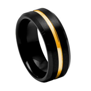 Argolla negra mate con linea dorada al centro Tungs. 8mm