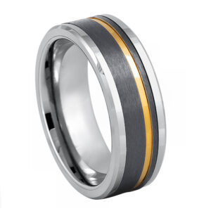 Argolla gris con una línea dorada y diamantado gris a un lado Tungs. 8mm