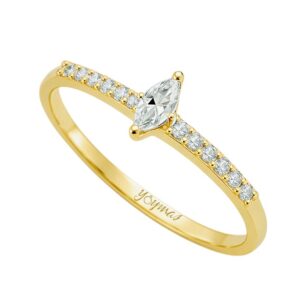 Anillo de compromiso con circonia marquesa central y circonias a laterales oro 10K