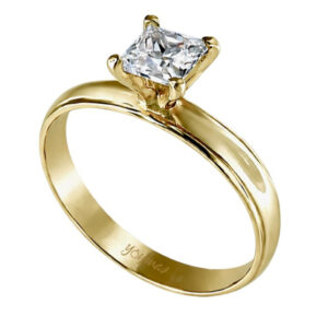 Anillo de compromiso tipo argolla con circonia cuadrada y orilla diamantada oro 10K