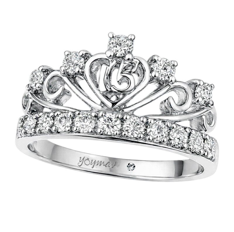 Anillo de corona de 15 años con circonias y Diamante incrustado plata