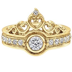 Anillo de corona con corazones calados con circonias oro 10K