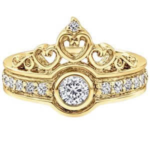 Anillo de corona con corazones calados con circonias oro 10K