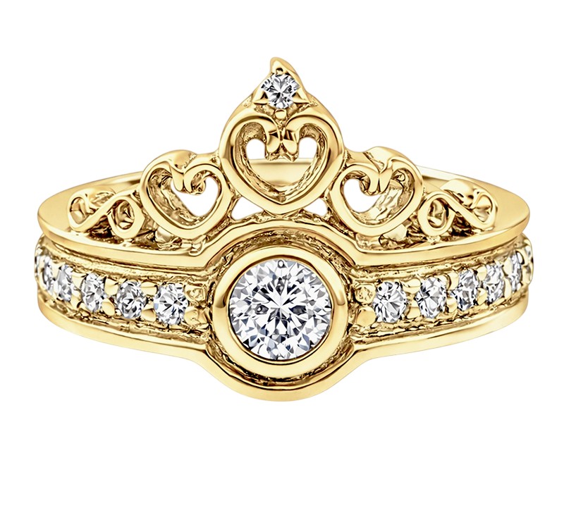 Anillo de corona con corazones calados con circonias oro 10K