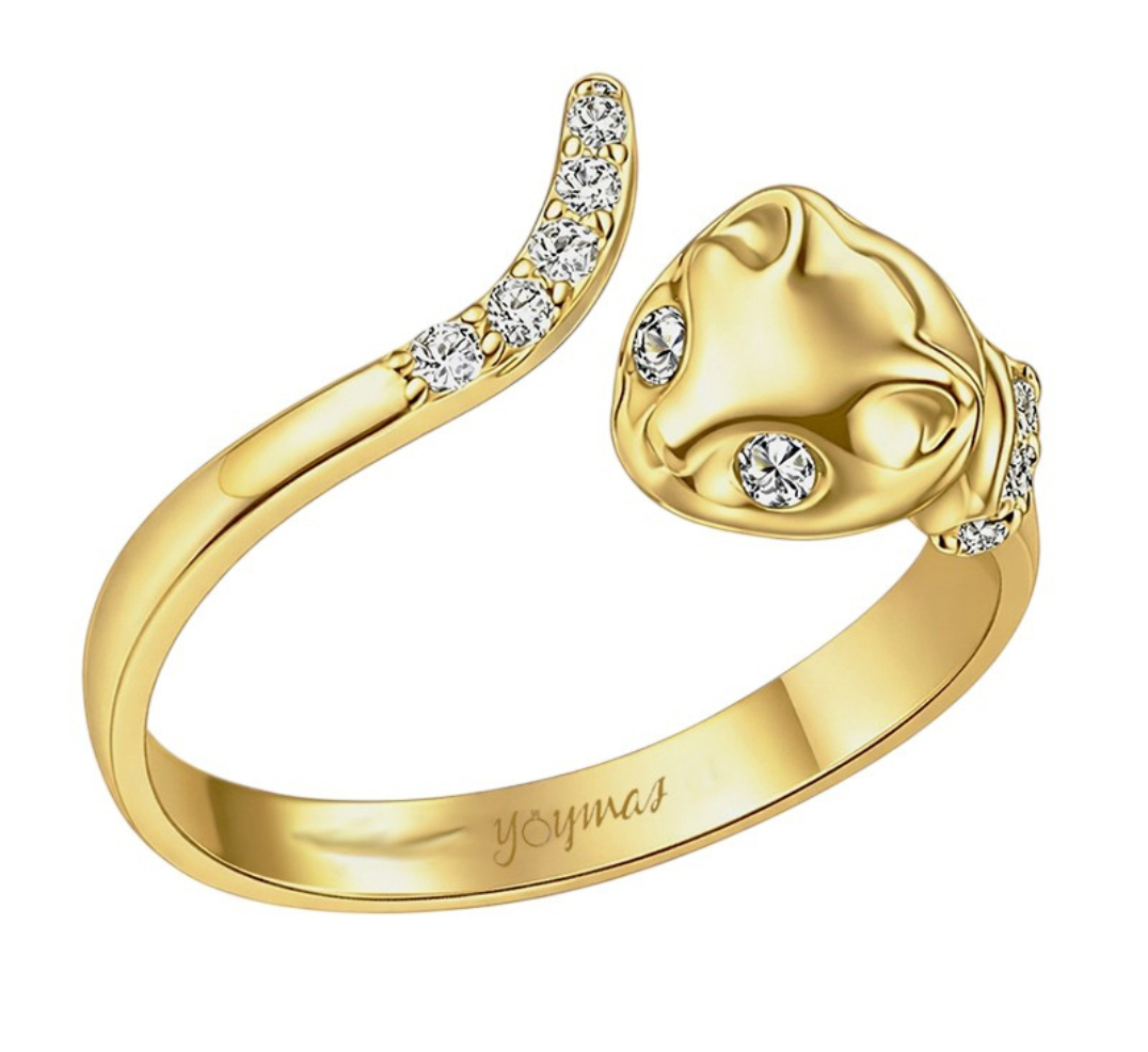 Anillo en forma de gato con circonias ajustable oro 10K