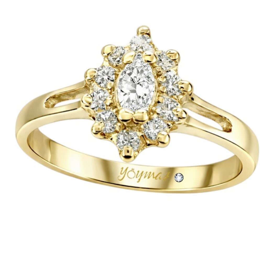 Anillo con circonia marquesa y halo de circonias oro 10K