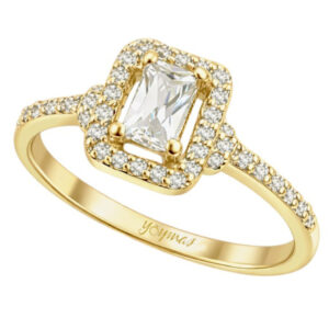 Anillo con circonia baguette y halo de circonias oro 10K