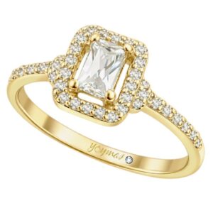 Anillo con circonia baguette y halo de circonias oro 10K