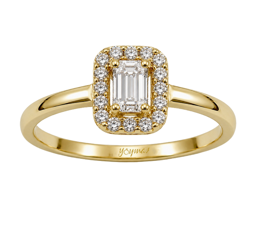 Anillo circonia corte Esmeralda con halo de circonias oro 10K