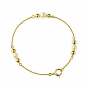 Pulsera tejido forzatina 3 perlas cultivadas y bolitas oro 18K