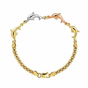 Pulsera tejido bismark y dijes de delfines 3 oros 10k